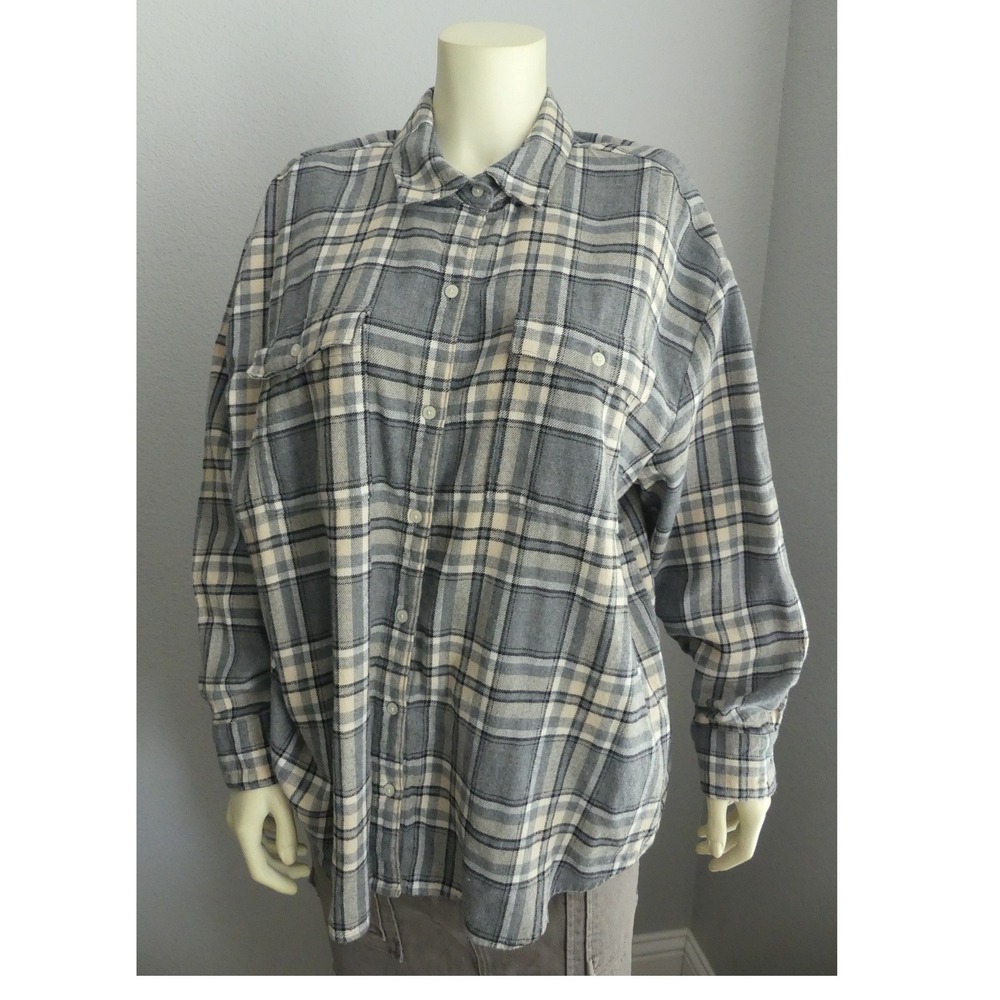 Old Navy The Boyfriend Shirt Gray Plaid Flannel Button Down XL Country Fall